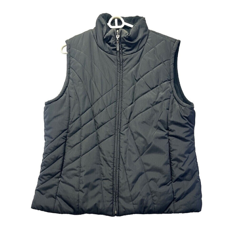IZOD Women's Quilted Double Side Casual Puffer Vest Solid Black Size Large